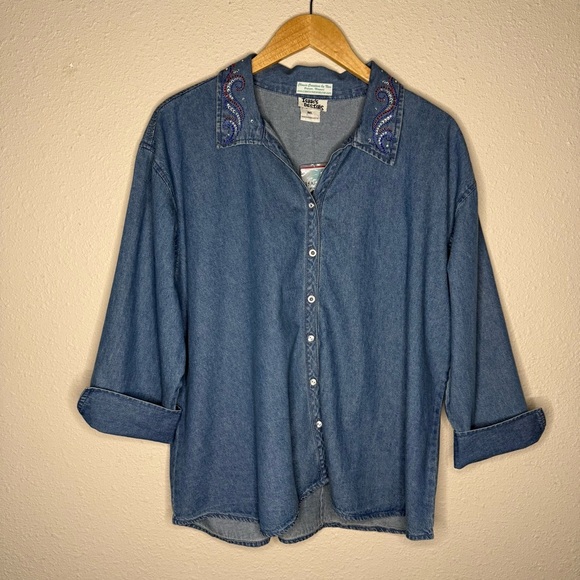 Isaac’s Designs Denim Jacket Embellished Shirt Unique USA Rhinestone Women’s 1XL - Picture 1 of 15
